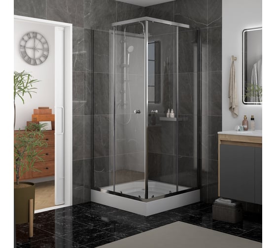 Душевой уголок Teymi 90х90 с поддоном стекло прозрачное закаленное профиль хром глянцевый Helmi сифон клик-клак в комплекте T00603 T00603 ЦБ-00272613 1