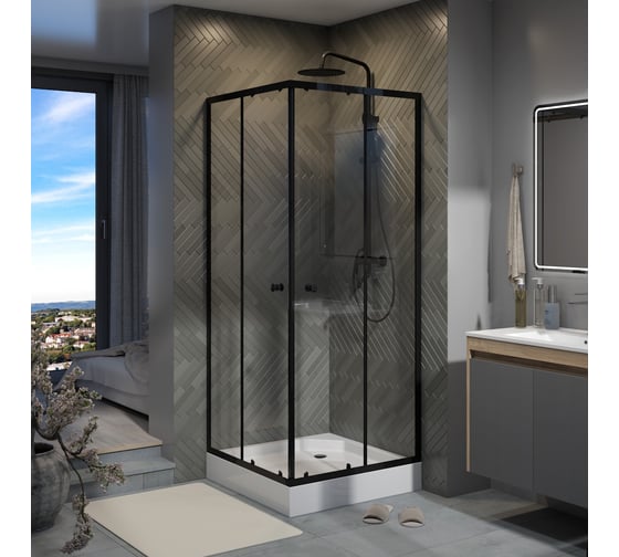 Душевой уголок Teymi 80х80 с поддоном стекло прозрачное закаленное профиль черный матовый Helmi сифон клик-клак в комплекте T00602 T00602 ЦБ-00272611 1