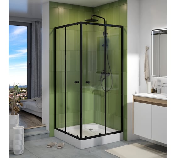 Душевой уголок Teymi 90х90 с поддоном стекло прозрачное закаленное профиль черный матовый Helmi сифон клик-клак в комплекте T00604 T00604 ЦБ-00272615 1