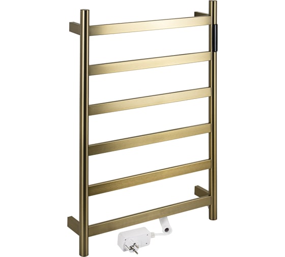 Полотенцесушитель электрический KRAFTTE 480 х 730 х 90 мм, лесенка 6 перекладин, 75 W, из нержавеющей стали, сенсорное управление с таймером до 24 часов, цвет матовое ЗОЛОТО. 44047 1