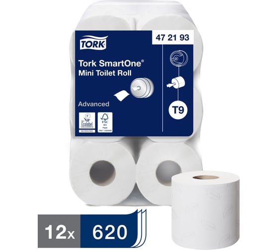 Туалетная бумага TORK SmartOne в мини-рулонах, Т9, 12 рулонов в упаковке 297492/472193 22170