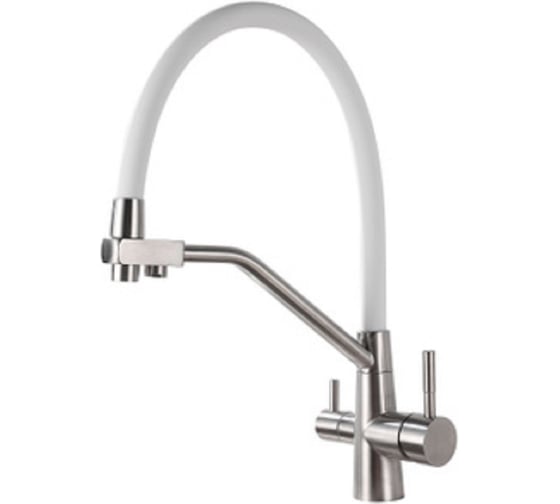 Смеситель для кухни OUTE матовый хром с белым изливом, однорычажный, с дополнительным выводом под фильтр питьевой воды, с аэратором, с гибким изливом. T603S 1