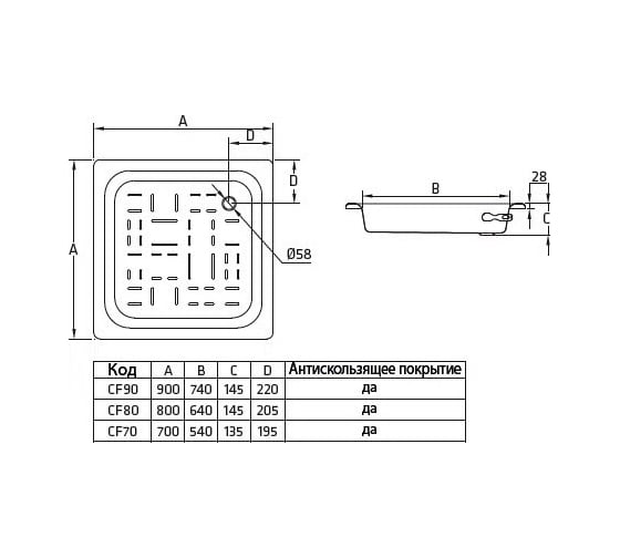 Стальной душевой поддон BLB 800x800x145 мм, рифленый CF80