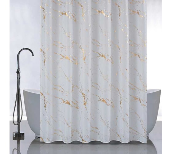 Штора Санакс с рисунком белый мрамор с золотом, в ванную комнату, без колец, полиэстэр 01-109 1
