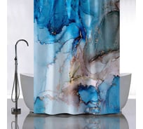 Штора САНАКС с рисунком голубой мрамор с золотом, в ванную комнату, без колец - полиэстэр, 180 х 180 см. 01-114