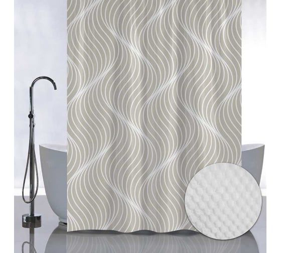 Штора Санакс с рельефным теснением, принт волнистые линии на бежевом фоне, в ванную комнату, без колец, полиэстер/микрофибра, 180х180 см 05-10 1