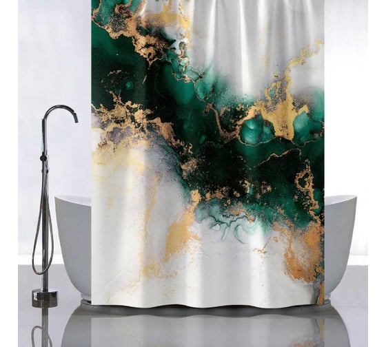 Штора Санакс с рисунком зеленый мрамор с золотом, в ванную комнату, без колец - полиэстэр, 180х180 см 01-112 1