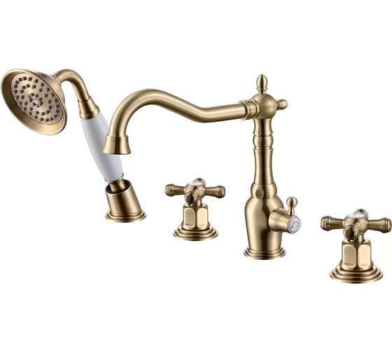 Смеситель на борт ванны ViEiR двухвентильный, бронза, 4 отверстия, ручной душ ретро V370132-D 1