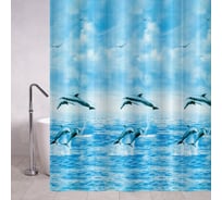 Штора с рисунком, дельфины, матовая, в ванную комнату, с кольцами, ПЕВА, 180 х 180 см Санакс 06-07