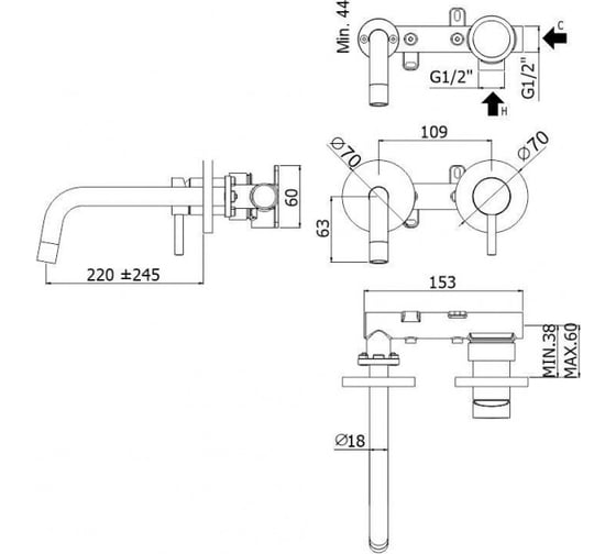 Встраиваемый смеситель для раковины Paffoni LIGHT медовое золото LIG103HG70 00260788