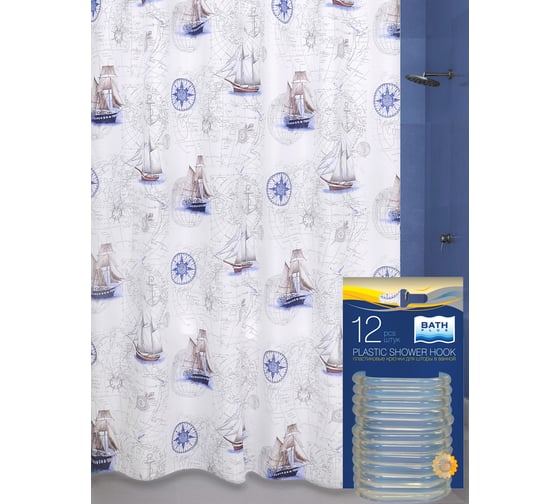Комплект: штора для ванной и кольца Bath Plus Blue boats AKCH17049