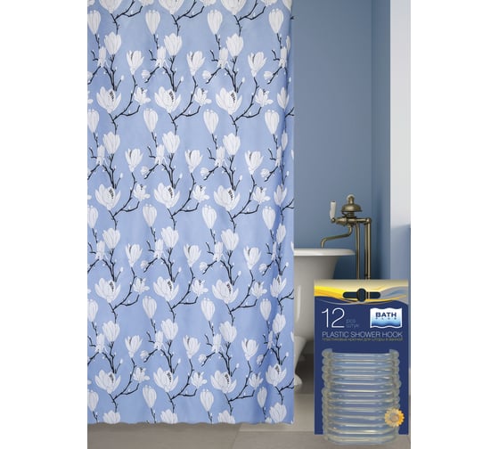 Комплект: штора для ванной и кольца Bath Plus Magnolia Blue akch1179/2