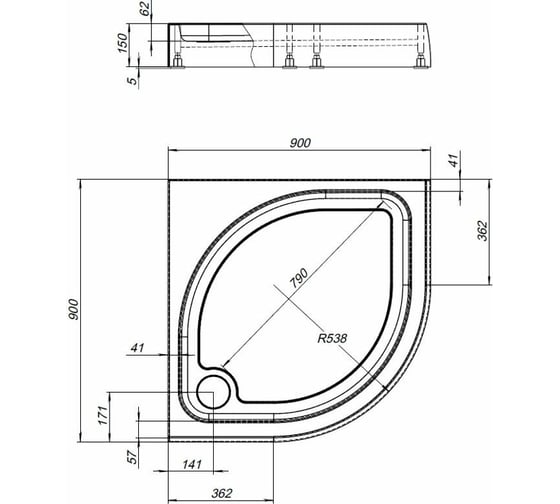 Поддон Aquanet Нх515 1/4 круга 90x90x15 00180696
