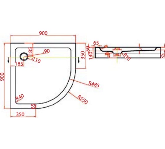 Акриловый поддон Bravat Type-R1 P29 1/4 круга, 90x90x14, с сифоном и ножками 00258959