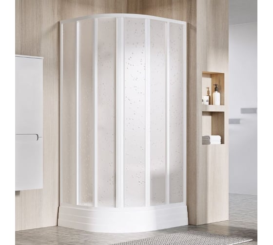 Душевое ограждение Ravak четверть круга Supernova 90x90 с раздвижными дверьми, белый профиль 195, витраж полистирол Pearl (SKKP6) 3207O10211