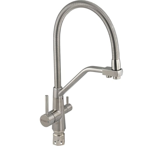 Смеситель для кухни САНАКС серия МАГНУС, с гибким пружинным изливом, с фиксацией на изливе для фильтрованной воды, шаровый, из нержавеющей стали марка SUS 304, цвет сатин 91112