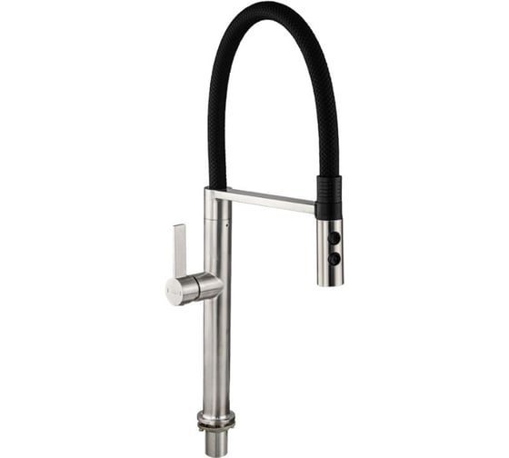 Смеситель для кухни САНАКС серия МАГНУС, с гибким чёрным изливом с магнитной фиксацией, двухрежимный аэратор, корпус из нержавеющей стали марка SUS 304, цвет корпуса сатин 91134