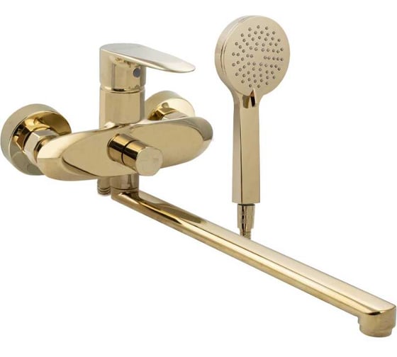 Смеситель в ванную САНАКC серия МАГНУС длинный излив под ЗОЛОТО, шаровый, с дивертором на корпусе 9370