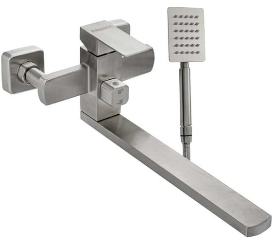 Смеситель для ванны САНАКС МАГНУС длинный излив, с дивертором на корпусе, квадратный корпус, из нержавеющей стали марки 304, сатин 9227