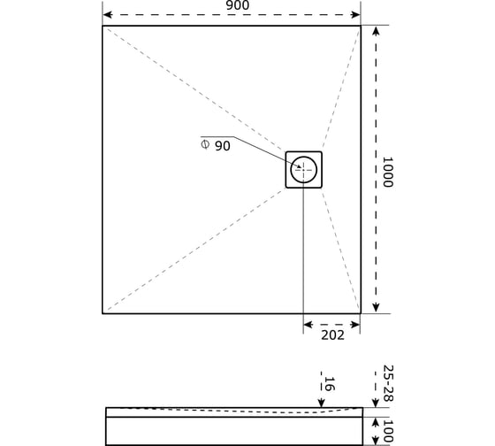 Литьевой поддон GooD DooR Essentia 2 Чёрный 1000*900 (слив по ЦДС) ЛП00223