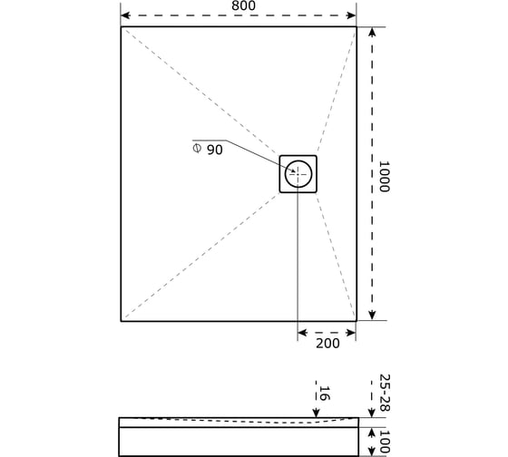Литьевой поддон GooD DooR Essentia 2 чёрный, 1000x800 (слив по ЦДС) ЛП00222