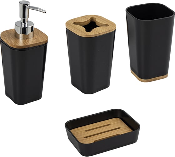 Набор в ванную Санакс настольный черный, пластик с вставками из бамбука 20814