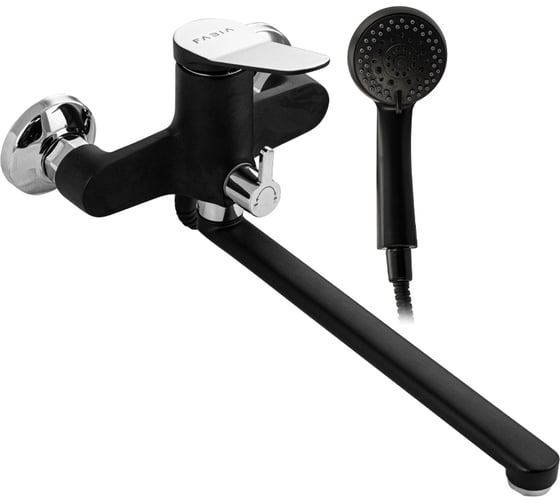 Смеситель в ванную FABIA с длинным плоским изливом, шаровый, с дивертором м/к на корпусе, цвет хром + черная эмаль 9672