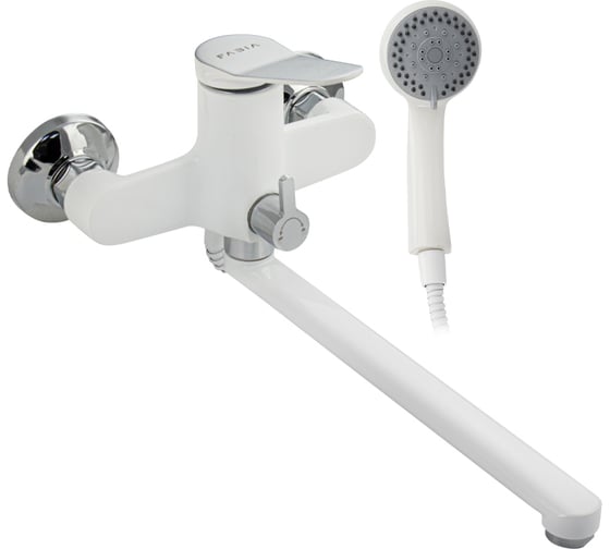 Смеситель в ванную FABIA с длинным плоским изливом, шаровый, с дивертором м/к на корпусе, цвет хром + белая эмаль 9671