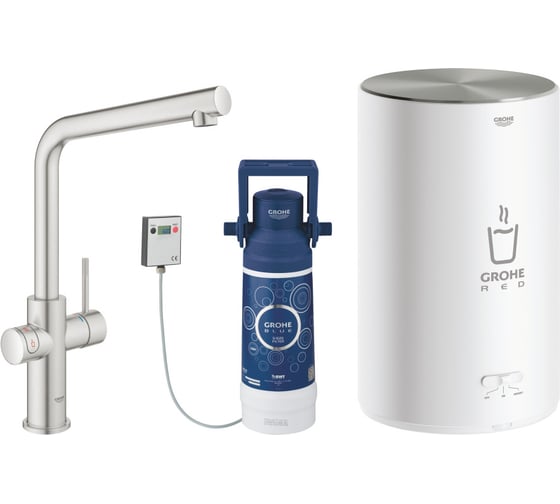 Комплект для кухни Grohe Red Duo с L-образным смесителем бойлером M-Size и фильтром суперсталь 30327DC1