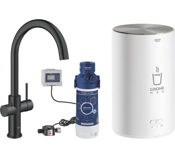 Комплект для кухни Grohe Red Duo II с бойлером M-size смеситель с C-образным изливом черный бархат 30083KS1