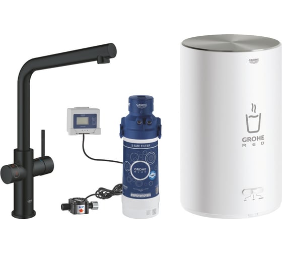 Комплект для кухни Grohe Red Duo с L-образным смесителем, бойлером M-Size и фильтром, черный бархат 30327KS1
