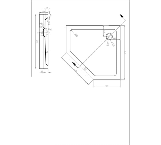 Поддон Bravat Type-P1 пятиугольный, акриловый, 900x900x140 мм, с сифоном и ножками P39