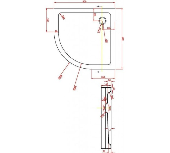 Акриловый поддон Bravat Type-R1 900x900x140 с регулируемыми по высоте ножками с сифоном P29