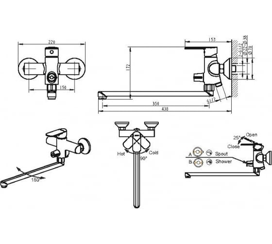 Смеситель для ванны длинный излив Bravat Louise F6191183CP-01L-RUS