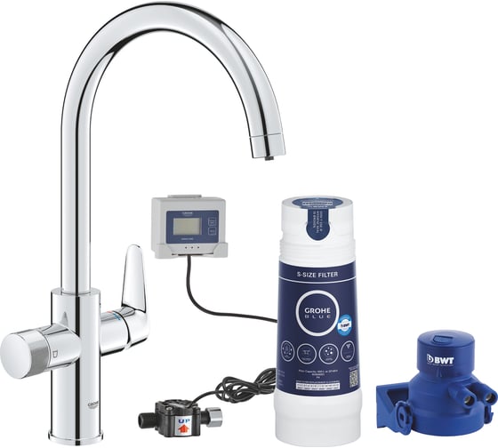 Смеситель для кухонной мойки Grohe Blue Pure BauCurve с фильтрацией, фильтр в комплекте, хром 30581000