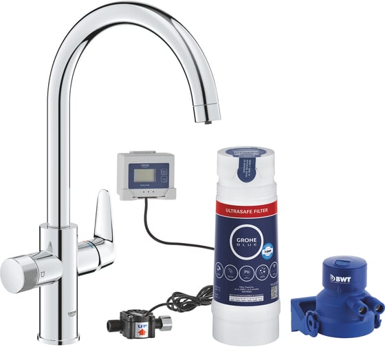 Смеситель для кухонной мойки Grohe Blue Pure BauCurve с фильтрацией, фильтр UltraSafe в комплекте, хром 30582000