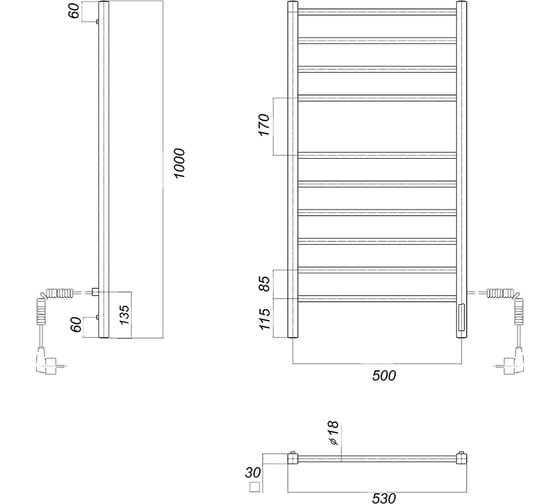 Электрический полотенцесушитель Domoterm Куба хром, П10 500x1000 EK R