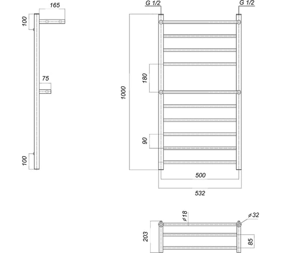 Водяной полотенцесушитель Domoterm Медея сп2 П10 500x1000, xром