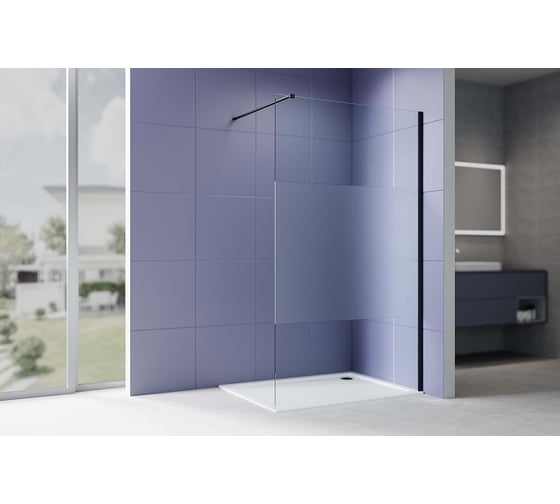 Душевая перегородка AQUATEK Walk in AQ.WI.140.3BL с держателем, 1400x2000, профиль черный, стекло прозрачное с матовой полосой 8 мм 00000148919