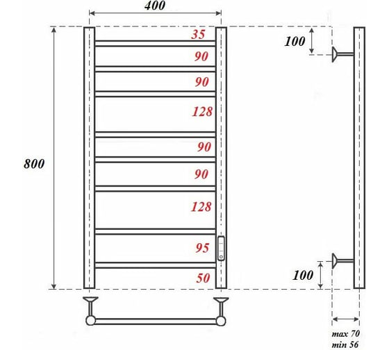 Электрический полотенцесушитель Point Аврора П8 400x800 диммер справа, белый PN10848W