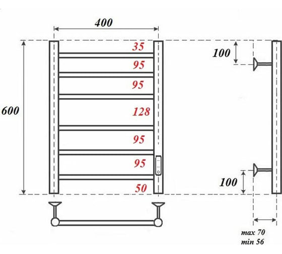 Электрический полотенцесушитель Point Аврора П6 400x600 диммер справа, белый PN10846W
