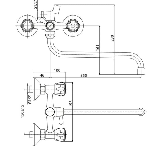 Смеситель для ванны KONNER ELEMENT QUARZ с длинным изливом, с аксессуарами ELQ2620 6088172