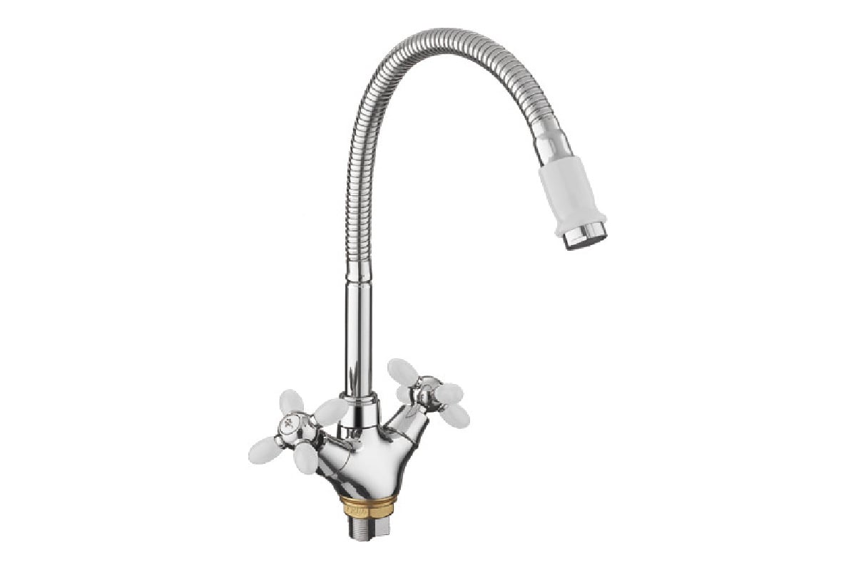 Смеситель для кухни FASHUN белый/хром, гайка, гибкий излив, силумин ...