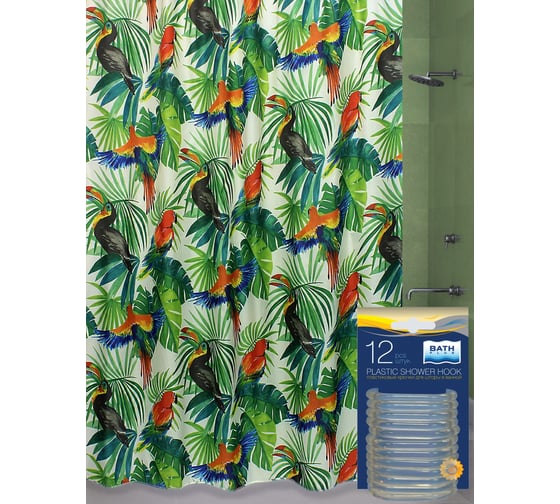 Штора для ванной и кольца Bath Plus BIRDS JUNGLE ТУКАНЫ п akch-21255