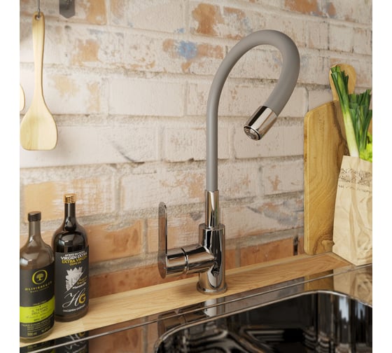Смеситель для кухни AVRORA-WM Avrora Kitchen с высоким гибким изливом серый AV9002G