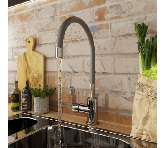 Смеситель для кухни AVRORA-WM Avrora Kitchen с высоким гибким изливом серый AV9002G