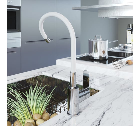 Смеситель для кухни AVRORA-WM Avrora Kitchen с высоким гибким изливом, белый AV9002W
