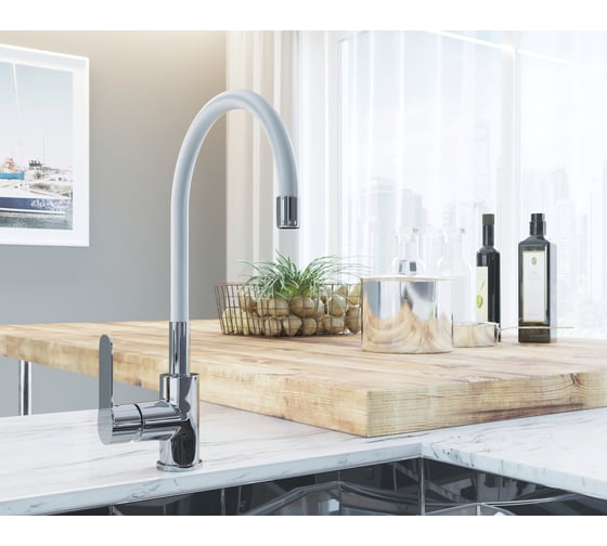 Смеситель для кухни AVRORA-WM Avrora Kitchen с высоким гибким изливом, белый AV9002W