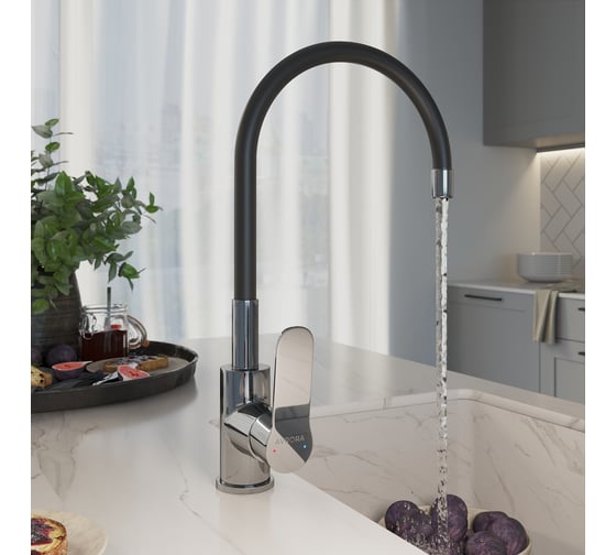 Смеситель для кухни AVRORA-WM Avrora Kitchen с высоким гибким изливом черный AV9002B
