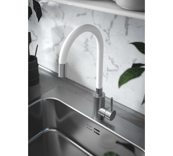 Смеситель для кухни KONNER KITCHEN белый, поворотный высокий гибкий излив KIT1209WH 6150857